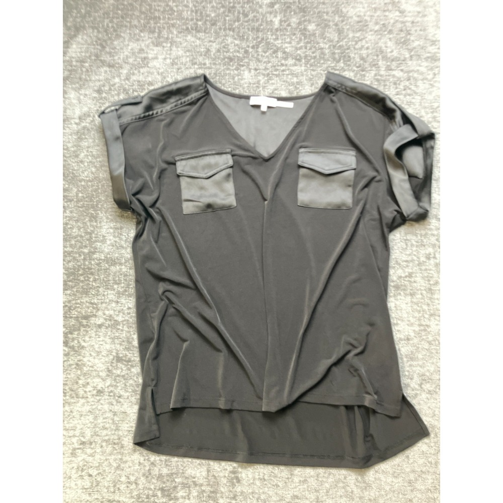 Calvin Klein Blouse Top Womens Medium Black Gray Stretch Short Sleeve V-Neck